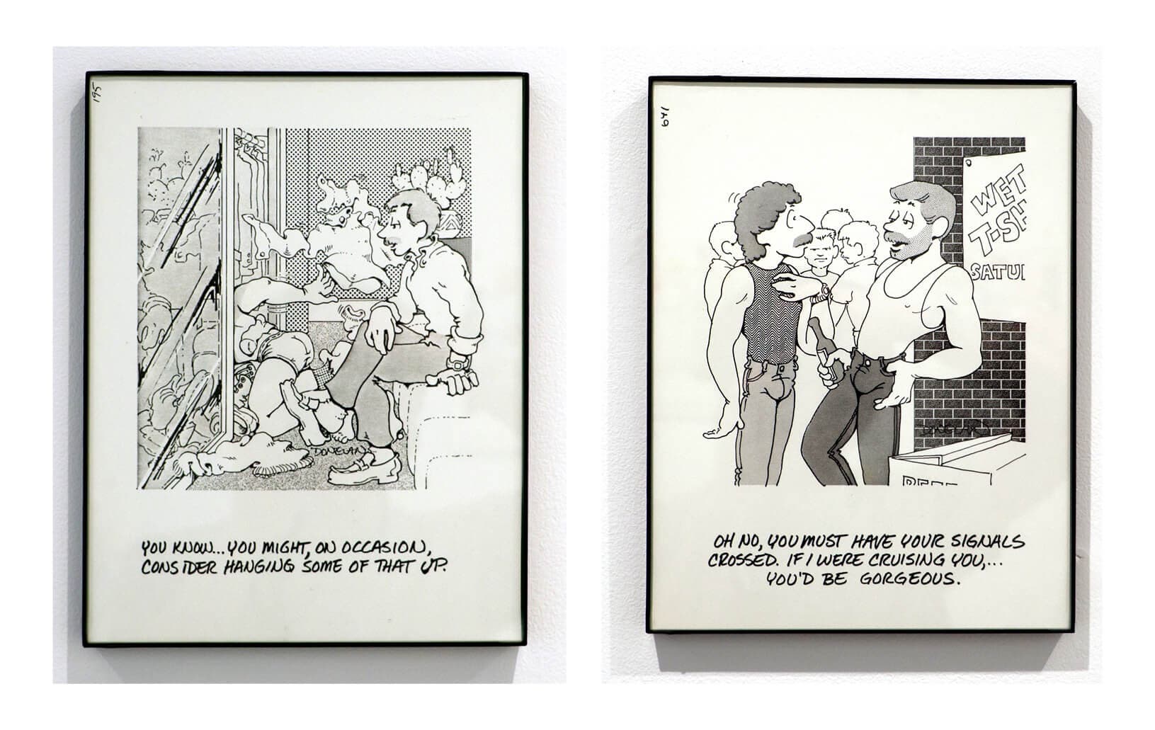 Black and white comic illustrations feature queer themes.