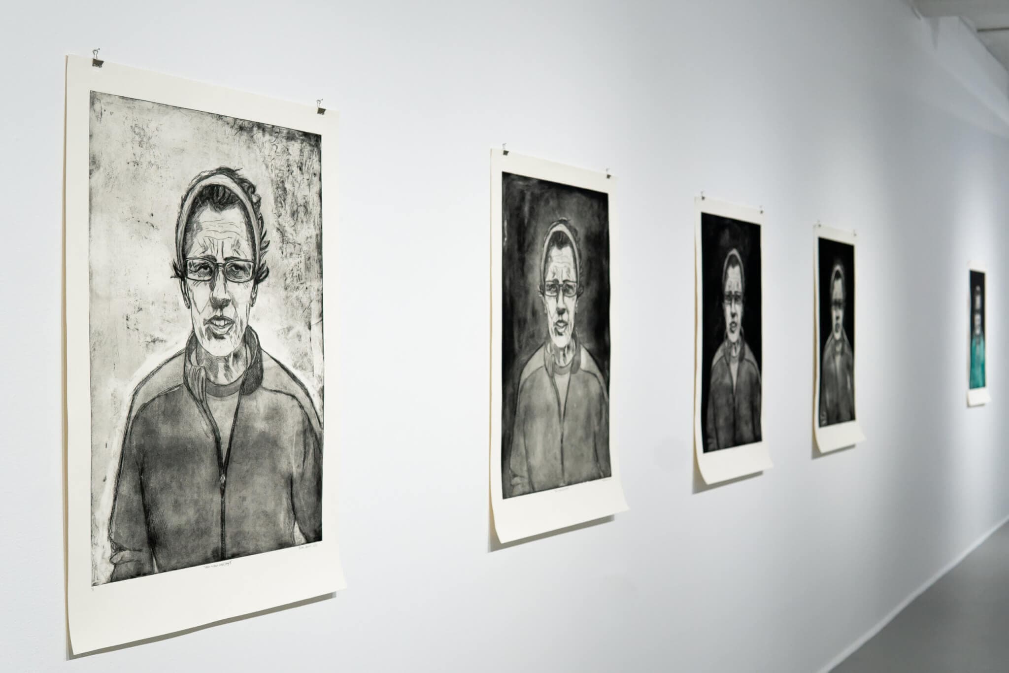 Installation view of "Mom in the Green Jacket" by Brooke Stewart, including works in progress.