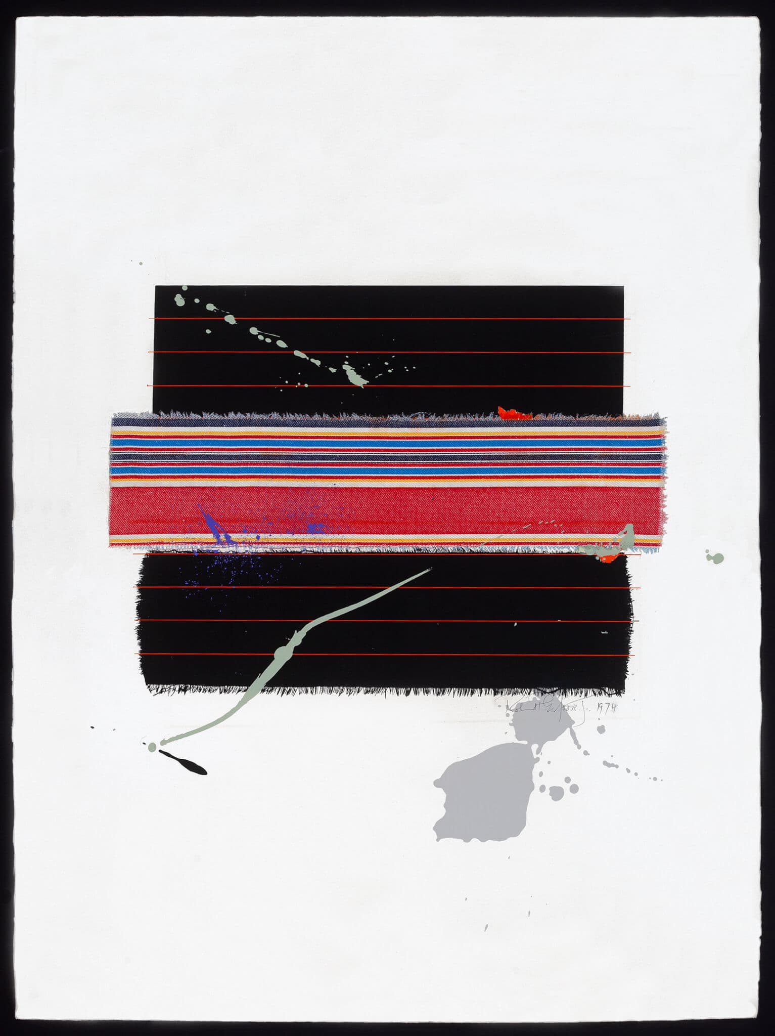 An image of Untitled silkscreen with chine colle. A hamburger-like shape -- red, blue, and orange rectangles sandwiched between two black rectangles.